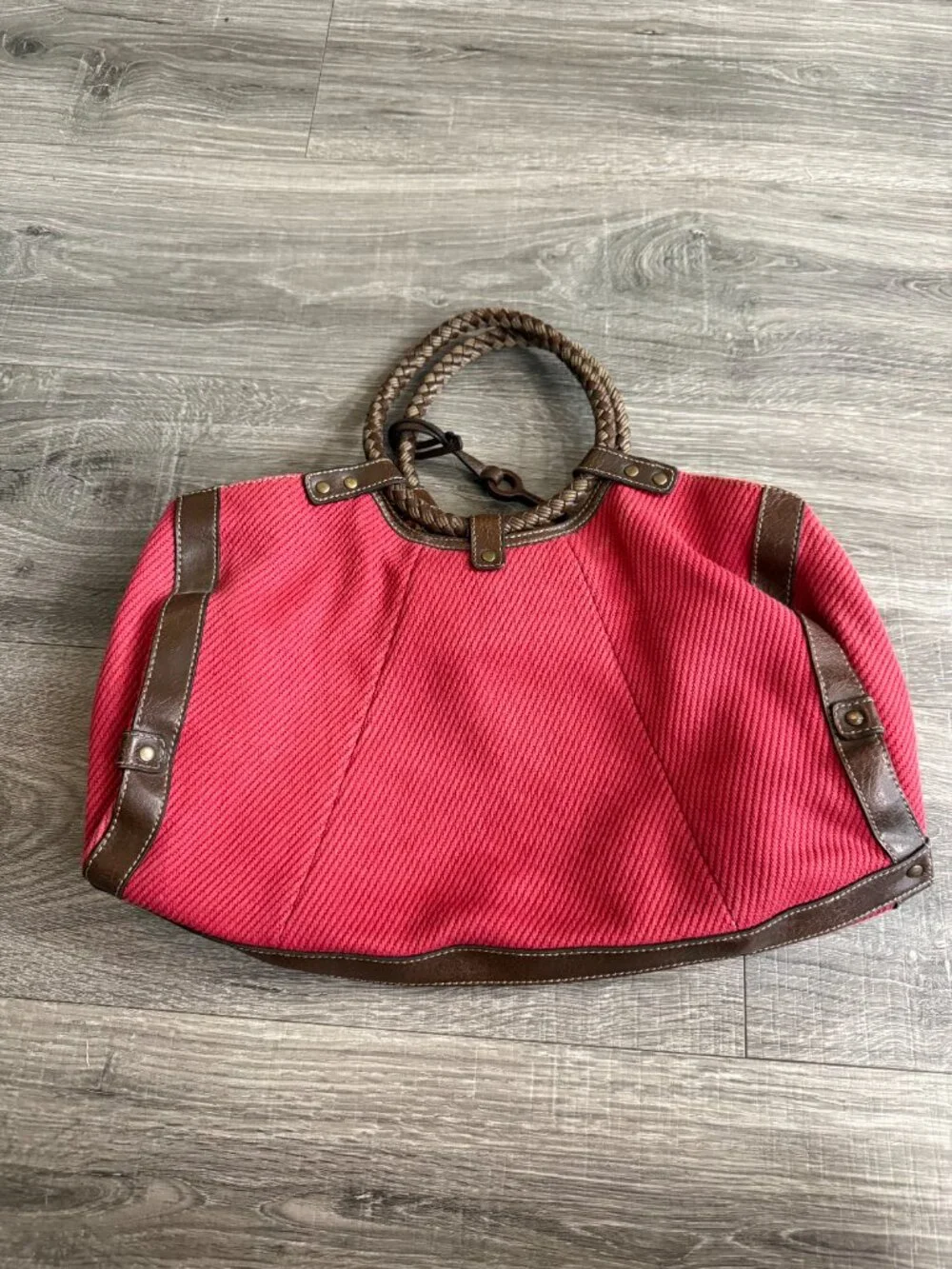 Fossil Textured Canvas Braided Leather Red Brown Hobo Purse